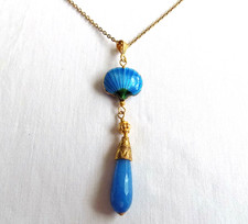 Beautiful Long Drop Necklace with Enamel Shell & Blue Stone Bead Art Deco Style