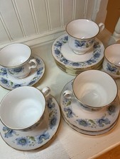 vintage Gainsborough 18 piece (6 x trios) bone china tea set, blue flower design