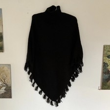 Handmade Size 6/8 Dark Black Knitted Wool Blend High Neck Poncho/Cape/Pull-On