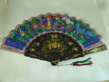 Chinese Export Hand Fan Mandarin Thousand Faces Black Lacquer Canton Eventail