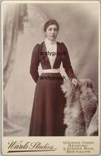 CABINET CARD LADY SLIM DRESS FASHION WARD READING SASH COLLAR FUR ANTIQUE PHOTO