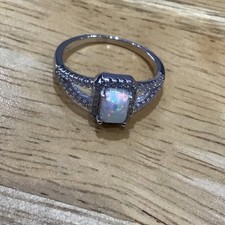 Real 925 Sterling Silver Ring + Box White Fire Opal Square Zircon Accents Size R