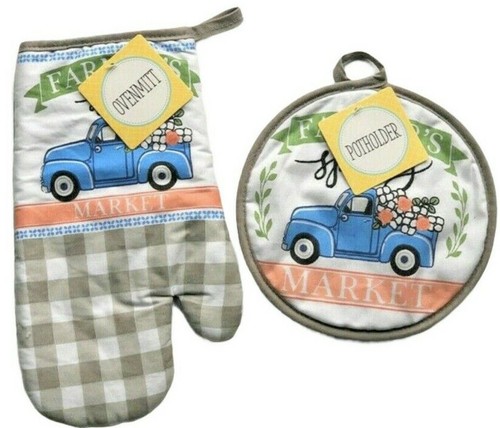 Blue farm truck potholder oven - farm,