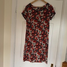 KEW Women’s 100% Silk Shift Dress UK 10 Cream/Black/Red Floral Good Cond