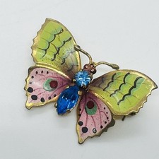Vintage 40s 50s Cold Painted Enamel Butterfly Brooch Pin Blue Rhinestone Paste