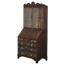 ORNATELY CARVED ENGLISH OAK LIBRARY BUREAU BOOKCASE LION'S HEAD BRASS HANDLES