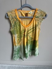 Miss Sixty Sheer Mesh Print Asymmetric Top S Y2K Fairycore Boho Graphic Tee