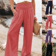 Summer Ladies Cotton Linen Loose Plain Wide Leg Pants Casual Trousers Plus Size