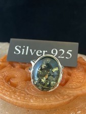 Large Solid Silver And Genuine Green Baltic Amber Ring
