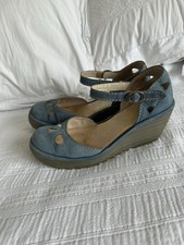 Fly London Blue Nubuck Leather Wedge Heel Shoes Size 39 UK 6 Easy Fasten