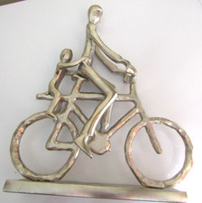 Vintage Brass Silver Sculpture Of Man Riding Bike With Child Riding  On Back