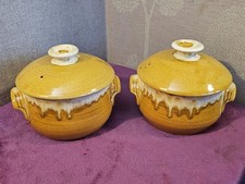 Pair of Ochre/Mustard Yellow Drip Glaze Youghal Pottery Casserole Dishes & Lids