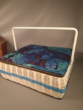 vintage 60s fabric covered woven sewing basket full and contents retro