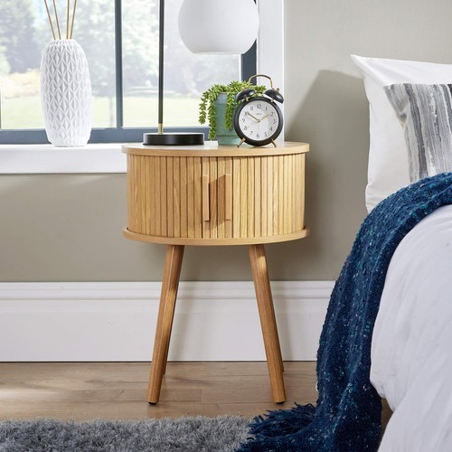 Round oak wood bedside table - round,