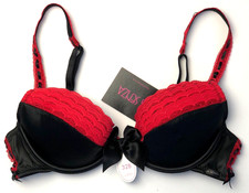 32B La Senza Underwired Push Up Plunge Bra Satin & Lace BLACK / RED BNWT