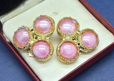 Vintage Earrings 1960s Pearlescent Pink Glass Cabochons Goldtone Jewellery