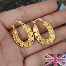 CREOLE HOOPS filigree OVAL HOOP EARRINGS cutout gypsy creoles GOLD TONE fashion
