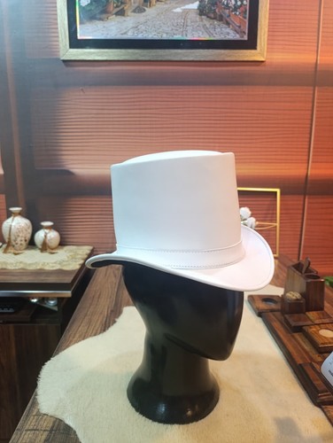 White genuine leather top hat - white,