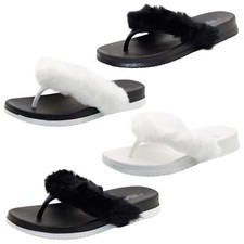 Ladies Toe Post Sandals Faux Fur Trim New Womens Summer Two Tone Flip Flops UK