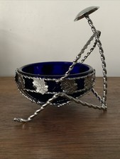 Vintage Chrome Plated Compote /bon Bon Cobalt Blue Glass Dish Man Shaped Frame