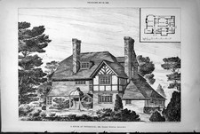 Antique Old Print Plan Exterior House Weybridge Ernest Newton Architect 1888