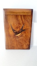 20thC Wood Folding Travel Mirror Inlaid SWALLOW Bird & Name SAN RENIO