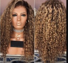 Balayage Honey Blonde Brown Highlight Kinky Curly Human Hair Lace Front Wigs 18"