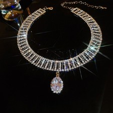 Choker Necklace Crystal Silver Wide Rhinestone Drop Pendant Shine Sparkly Gift