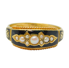 Victorian 15ct Gold, Black Enamel, Pearl Mourning Ring Antique 1861 Birmingham