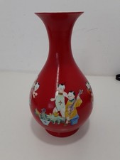 Chinese Porcelain Red Vase with Kids Playing the Guitar