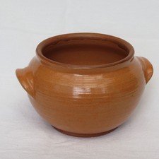Vintage stoneware glazed mid-brown cooking pot converted to a planter