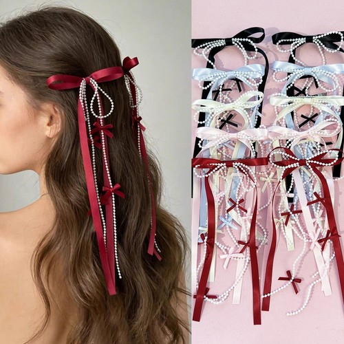 Pearl chain bow hair clip - pearl,