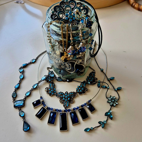 Blue costume jewellery jar - jewellery,