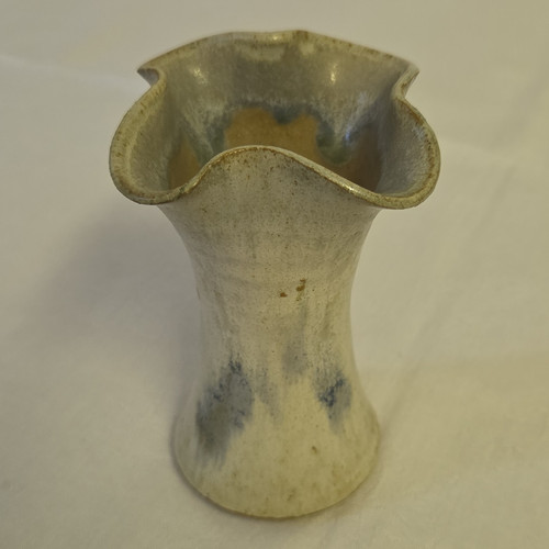 Ceramic vase beige blue fluted - ceramic,