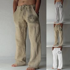 Mens Drawstring Yoga Trousers Mens Cotton Linen Summer Beach Casual Plain Pants