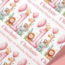 Pink 1st Birthday Wrapping Paper - Personalised Name Safari Baby Girl Gift Wrap