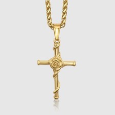 Crucifix Cross & Rose Jesus Christ Pendant/Necklace 18k Gold - Religious Jewelry