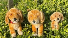 FAMILY OF 3 OLD STEIFF 'BAZI' DACHSHUND DOGS 1950S - 1960S, 1 HAS BUTTON,VINTAGE