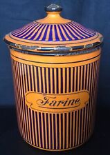 ANTIQUE VINTAGE FRENCH ENAMEL BB FRERES ORANGE & BLUE STRIPE FARINE CANISTER