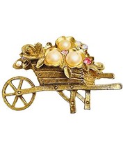 Vintage Faux Pearl Gold Tone Porcelain Flower Cart Wheel Barrow Brooch Pin