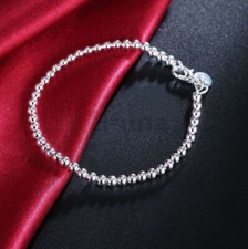 Round 4mm Silver Bead Chain 925 Sterling Silver Women Simple Bracelet Jewelry UK