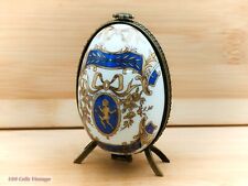 Limoges Egg/Bottle Holder-Blue/White-8.5cm-Vintage Trinket/Pill/Jewellery Box