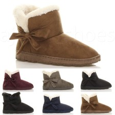 WOMENS LADIES FLAT BOW PULL ON COSY FUR LINED ANKLE BOOTS BOOTIES SLIPPERS SIZE