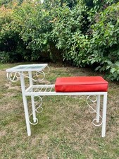 Vintage Mid Century White  Wrought iron Telephone Table With Shelf And Seat.