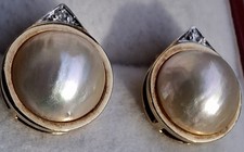 9Ct Gold Art Deco Pair Of Earrings Mabe Pearl & Diamond Butterfly Backs 12mm