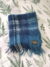 Vintage Glen Cree Scottish Blue Cream Tartan Mohair Throw Lap Blanket 