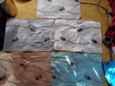 5 Sample Pieces Of Real Silk Embroidered Peacock Feather Design Material 54x42cm