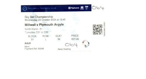 Used ticket millwall v - millwall,