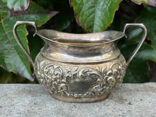 Antique Silver Plated Embossed Sugar Bowl, 8 cm high & 14.5 cm long.
