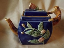 Majolica Teapot Monkey Handle, Colbalt Blue, Henriksen Imports, Large & Perfect